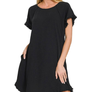 Washed Linen Raw Edge Button Down V Neck Dress BLACK -S