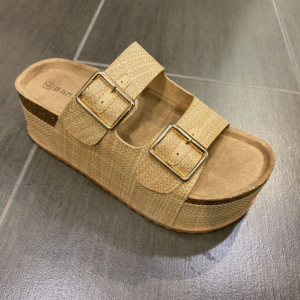 Bamboo Thick Cork Platform Double Buckle Strap Sandals: NATURAL RAFFIA, 12AF-5(1)-6(2)-7(3)-8(3)-9(2)-10(1)