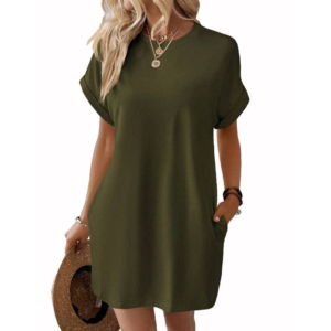 Relaxed Fit Cotton Short Sleeve Pocket Dress for Summer Army Green, M