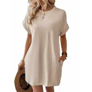 Relaxed Fit Cotton Short Sleeve Pocket Dress for Summer Apricot, M