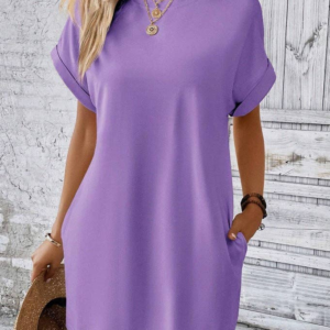 Relaxed Fit Cotton Short Sleeve Pocket Dress for Summer: Purple, 50% (inclusive) - 70% (excluding) polyester (polyester fiber), L