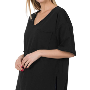 Oversized Front pocket raw edge tee BLACK- L