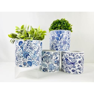 Blue and White 5" Round Ceramic Vintage Beautiful Floral Birds Print