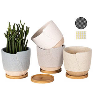 4.75 Inch Ceramic Planters with Drainage Hole & Saucer, Small Linen Pattern
