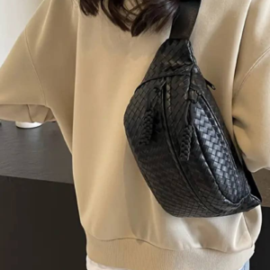 Vegan Leather Woven Atlas Crossbody Bum Bag- Black